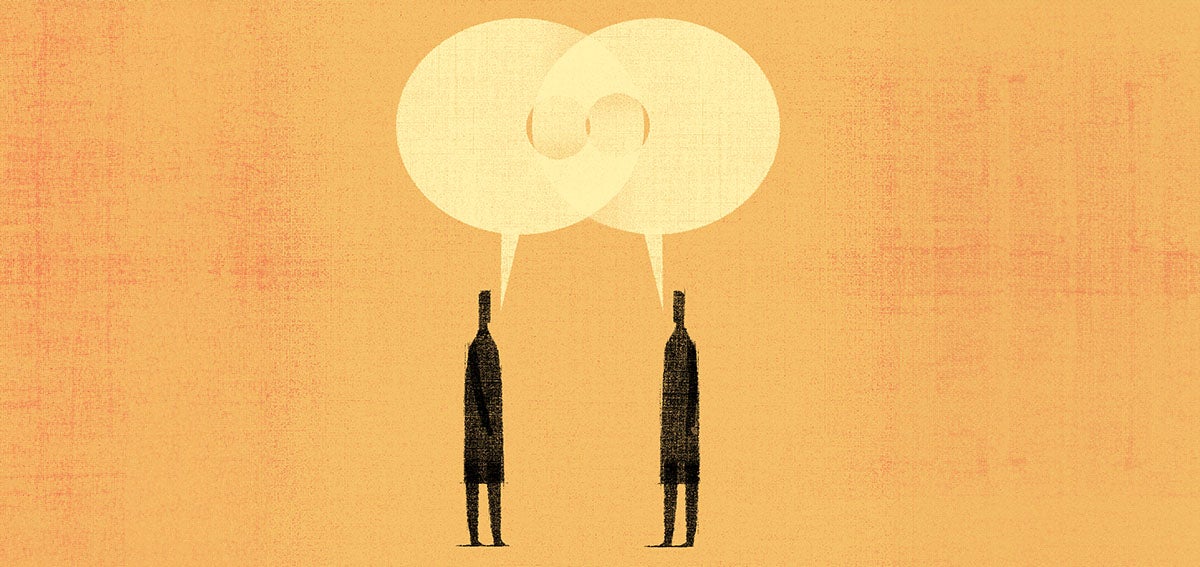 Illustration of two people talking in speech bubbles that are linked together.