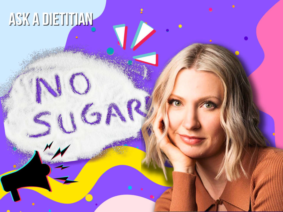 pas de défi sucre avant après quoi manger.  Abbey Sharp nous donne le scoop sur le régime viral « sans sucre ajouté », dans la série Ask A Dietitian.  (via Canva)