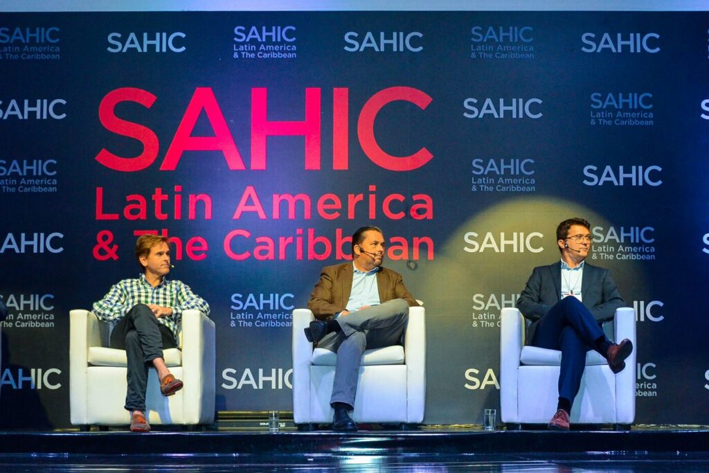 From left: IHG Hotels &amp; Resorts' Paul Adan, Hilton's Juan Corvinos, Hyatt Hotels Corporation's Camilo Bolaños and Marriott International's Bojan Kumer speak with Hotel News Now's Stephanie Ricca about hotel brand expansion priorities at the SAHIC Latin America &amp; The Caribbean Hotel &amp; Tourism Investment Forum. (SAHIC)