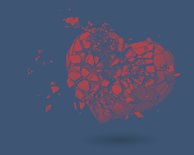 An abstract red heart breaking into several pieces on a dark blue background;  concept is miscarriage during pregnancy